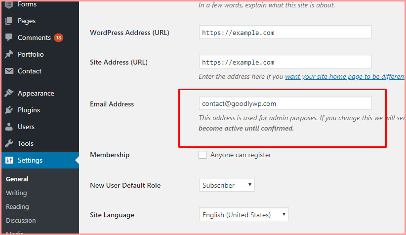 change wordpress dashboard email address